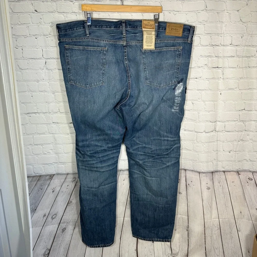 NEW Polo Ralph Lauren Varick Slim Straight Jeans Mens 48x32 Blue Graphic Patch